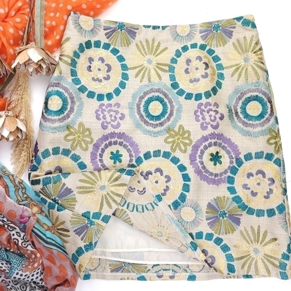 Sevier Skirt Cotton Linen Embroidered Floral Weave Skirt Sz 12 - Picture 4 of 10